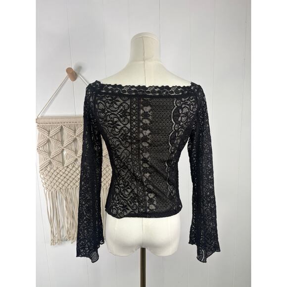 Good Luck Gem Black Sheer Lace Long Sleeve Blouse Womens Large Witchy Gothic - Picture 7 of 9